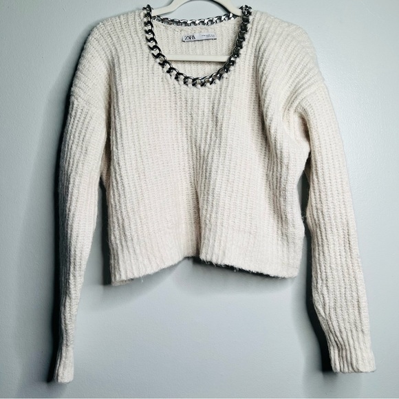 Zara Chain Neck Cropped Cream Ivory Knit Sweater Women Size Medium - Picture 1 of 9